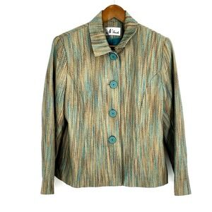 N Touch Womens Size 12 Button Front Retro Blazer Jacket Lined Teal Brown Tan